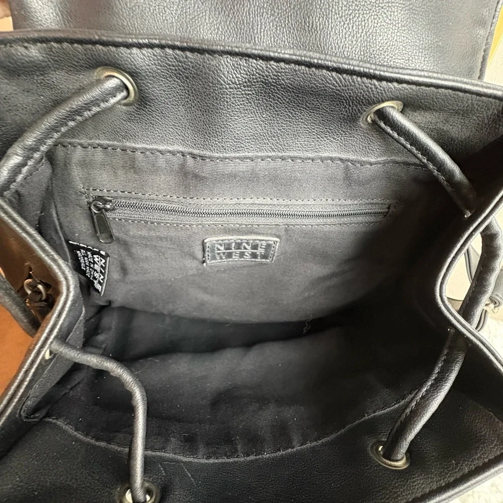 Nine West Black Faux Leather Backpack Women's Adjustable Drawstring Flap Bag